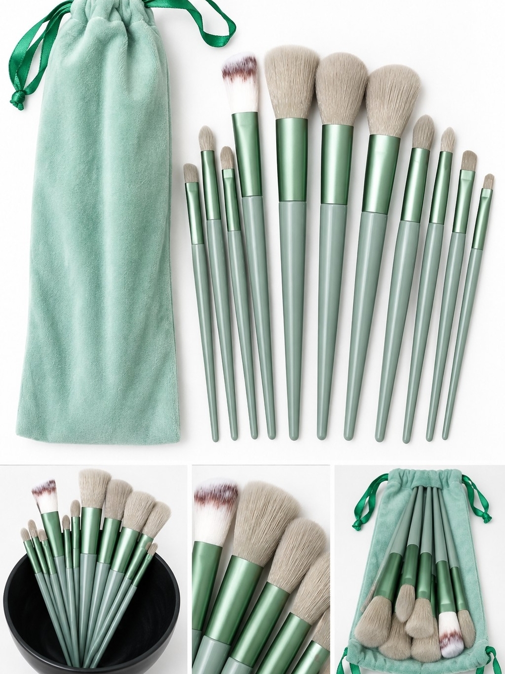 Sage Green Makeup Brush Set with Velvet Drawstring Storage Bag Face Eye Cosmetic